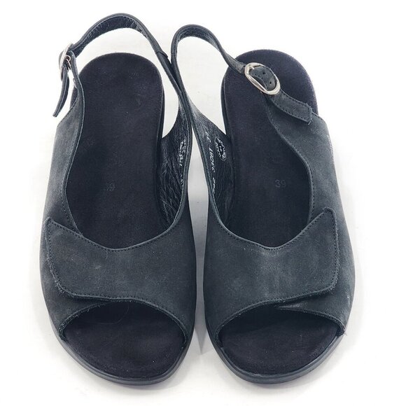 MEPHISTO Black Nubuck Leather Adjustable Width Open Toe Wedge Sandals - Picture 3 of 9